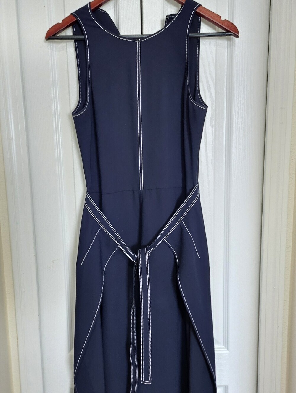 Joie Navy Blue Contrast Stitch Sleeveless Jumpsuit Tie Waist Women's Size 2. - Picture 7 of 16